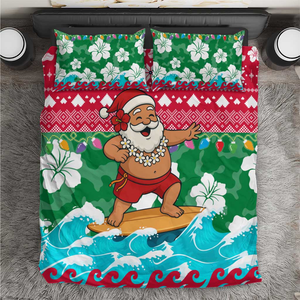 Maldives Christmas Bedding Set with Surfing Santa Claus Tropical Flowers and Holiday Wave - Wonder Print Shop