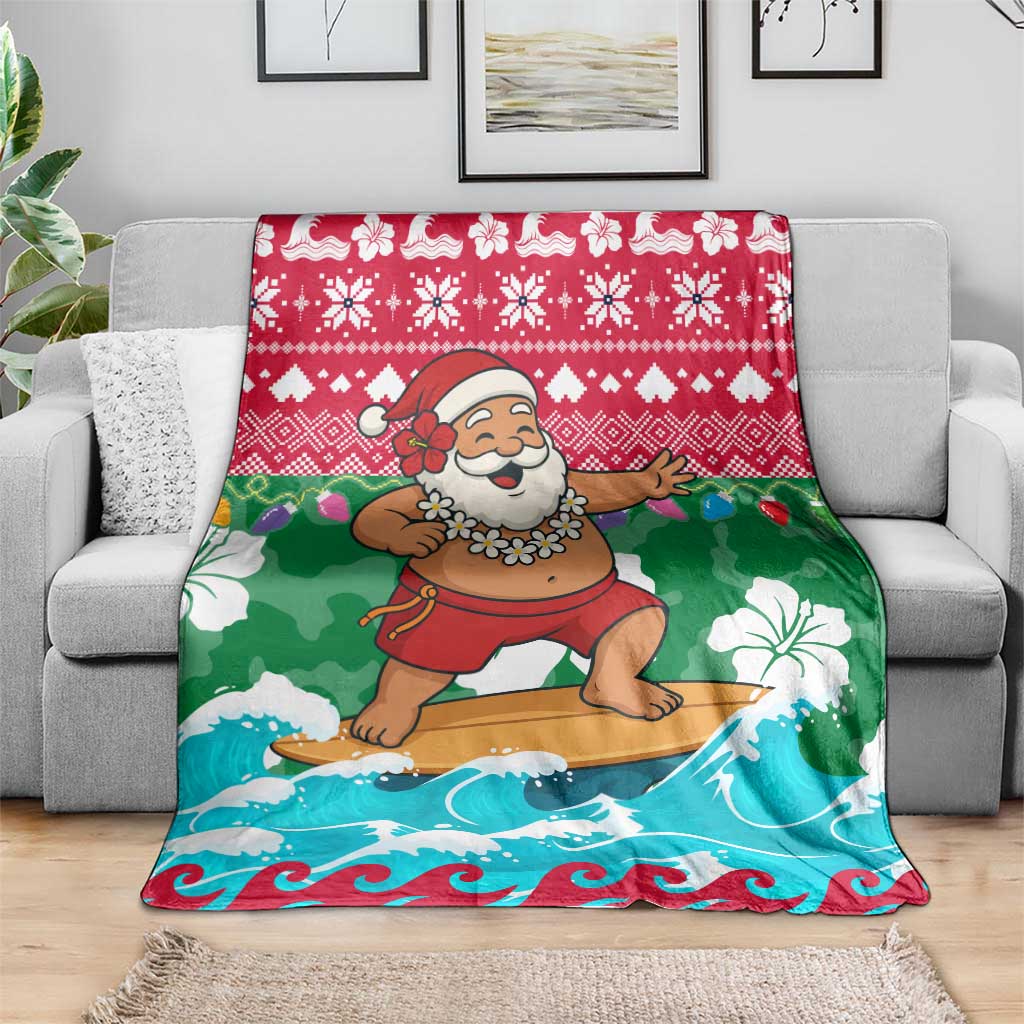 Maldives Christmas Blanket with Surfing Santa Claus Tropical Flowers and Holiday Wave - Wonder Print Shop