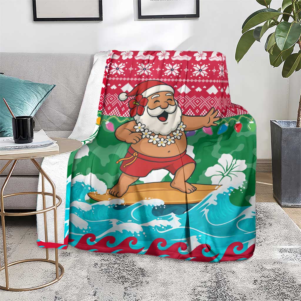 Maldives Christmas Blanket with Surfing Santa Claus Tropical Flowers and Holiday Wave - Wonder Print Shop