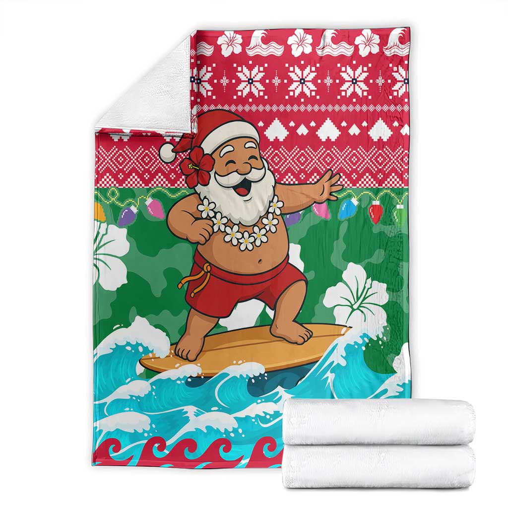 Maldives Christmas Blanket with Surfing Santa Claus Tropical Flowers and Holiday Wave - Wonder Print Shop