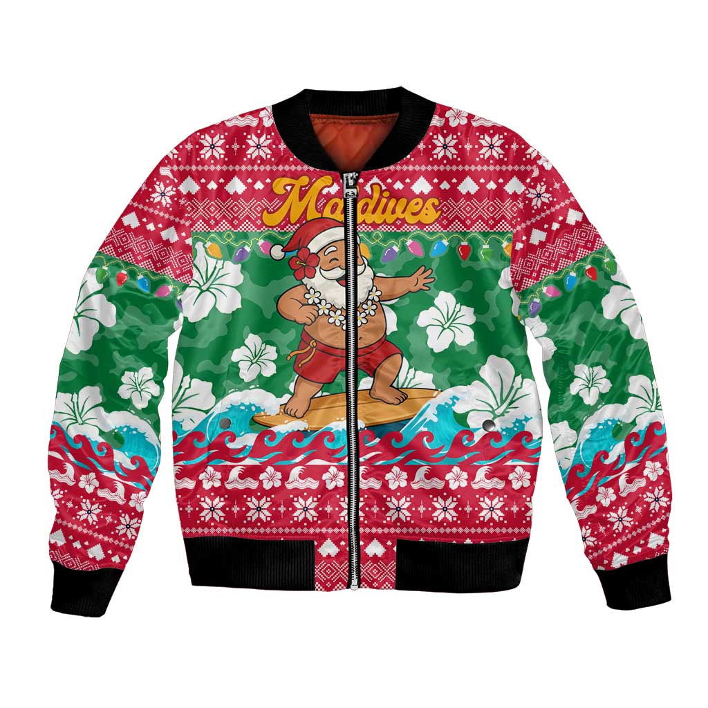 Maldives Christmas Bomber Jacket with Surfing Santa Claus Tropical Flowers and Holiday Wave - Wonder Print Shop
