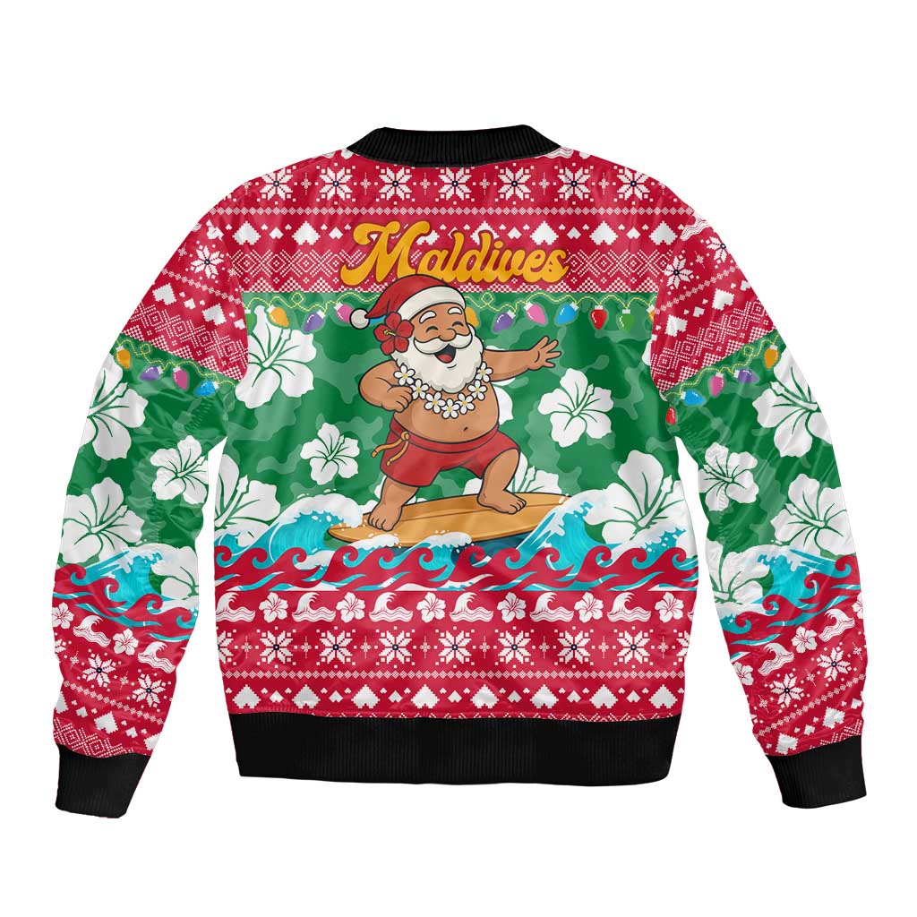 Maldives Christmas Bomber Jacket with Surfing Santa Claus Tropical Flowers and Holiday Wave - Wonder Print Shop