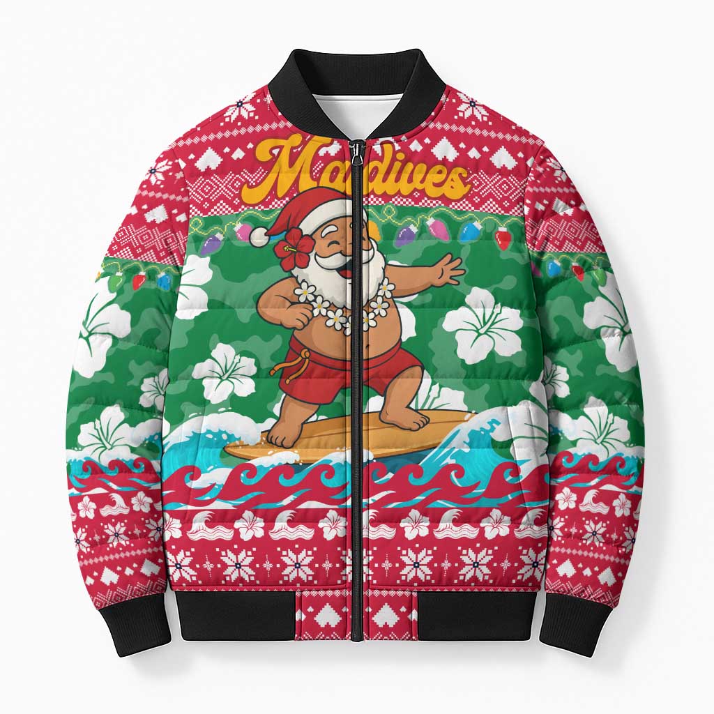 Maldives Christmas Bomber Puffer Jacket with Surfing Santa Claus Tropical Flowers and Holiday Wave - Wonder Print Shop