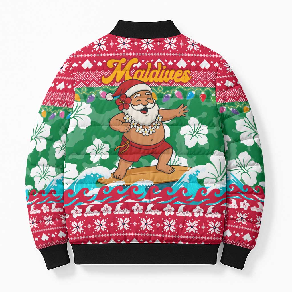 Maldives Christmas Bomber Puffer Jacket with Surfing Santa Claus Tropical Flowers and Holiday Wave - Wonder Print Shop