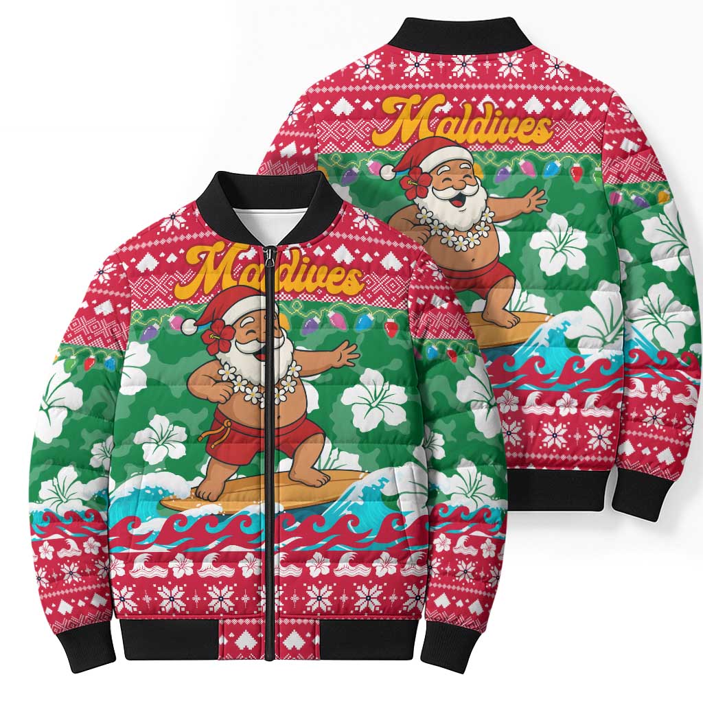 Maldives Christmas Bomber Puffer Jacket with Surfing Santa Claus Tropical Flowers and Holiday Wave - Wonder Print Shop