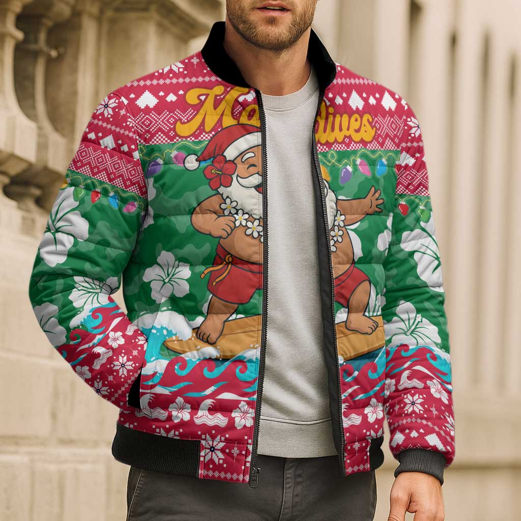 Maldives Christmas Bomber Puffer Jacket with Surfing Santa Claus Tropical Flowers and Holiday Wave - Wonder Print Shop
