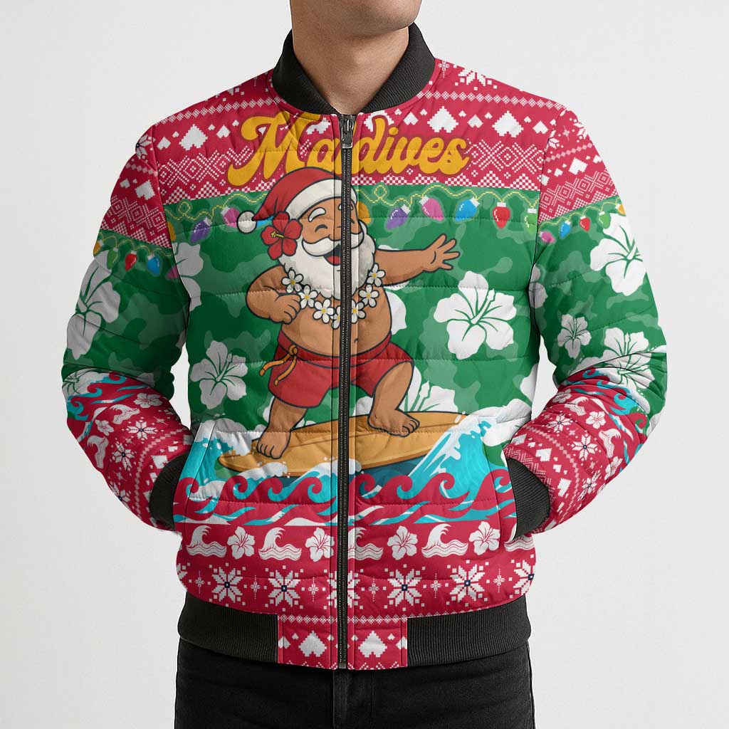 Maldives Christmas Bomber Puffer Jacket with Surfing Santa Claus Tropical Flowers and Holiday Wave - Wonder Print Shop