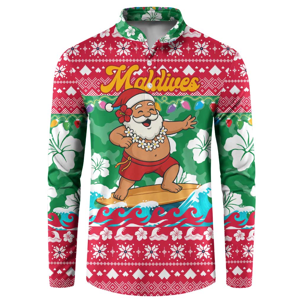 Maldives Christmas Button Sweatshirt with Surfing Santa Claus Tropical Flowers and Holiday Wave - Wonder Print Shop