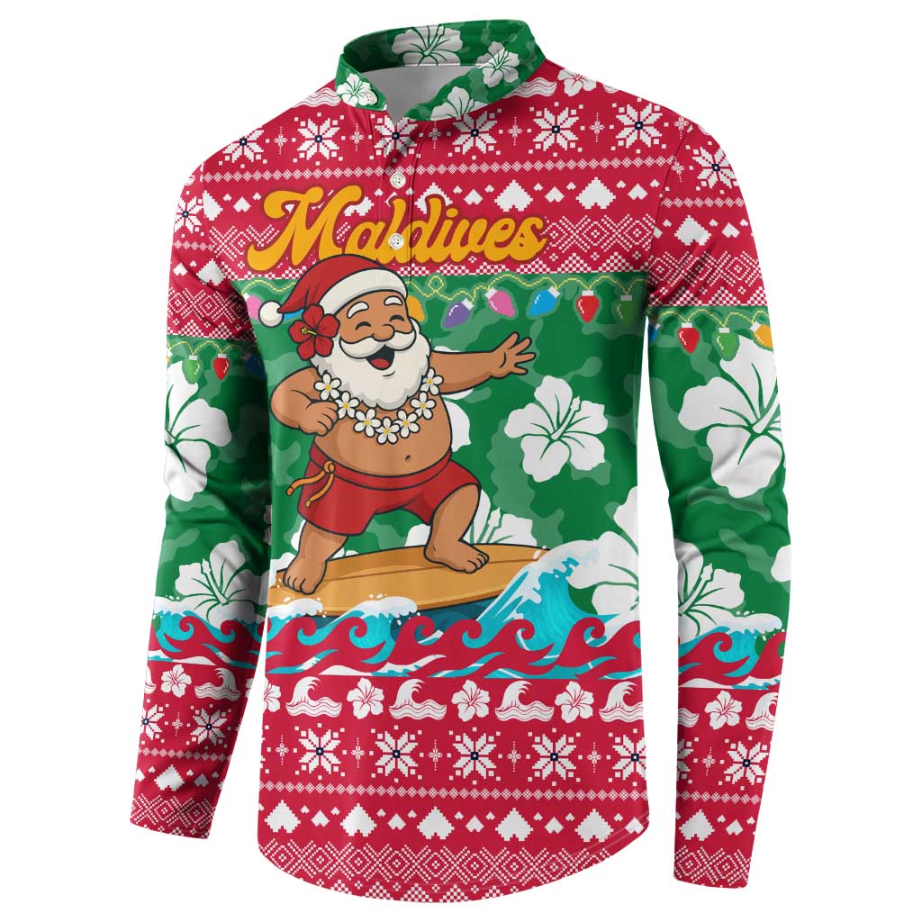 Maldives Christmas Button Sweatshirt with Surfing Santa Claus Tropical Flowers and Holiday Wave - Wonder Print Shop