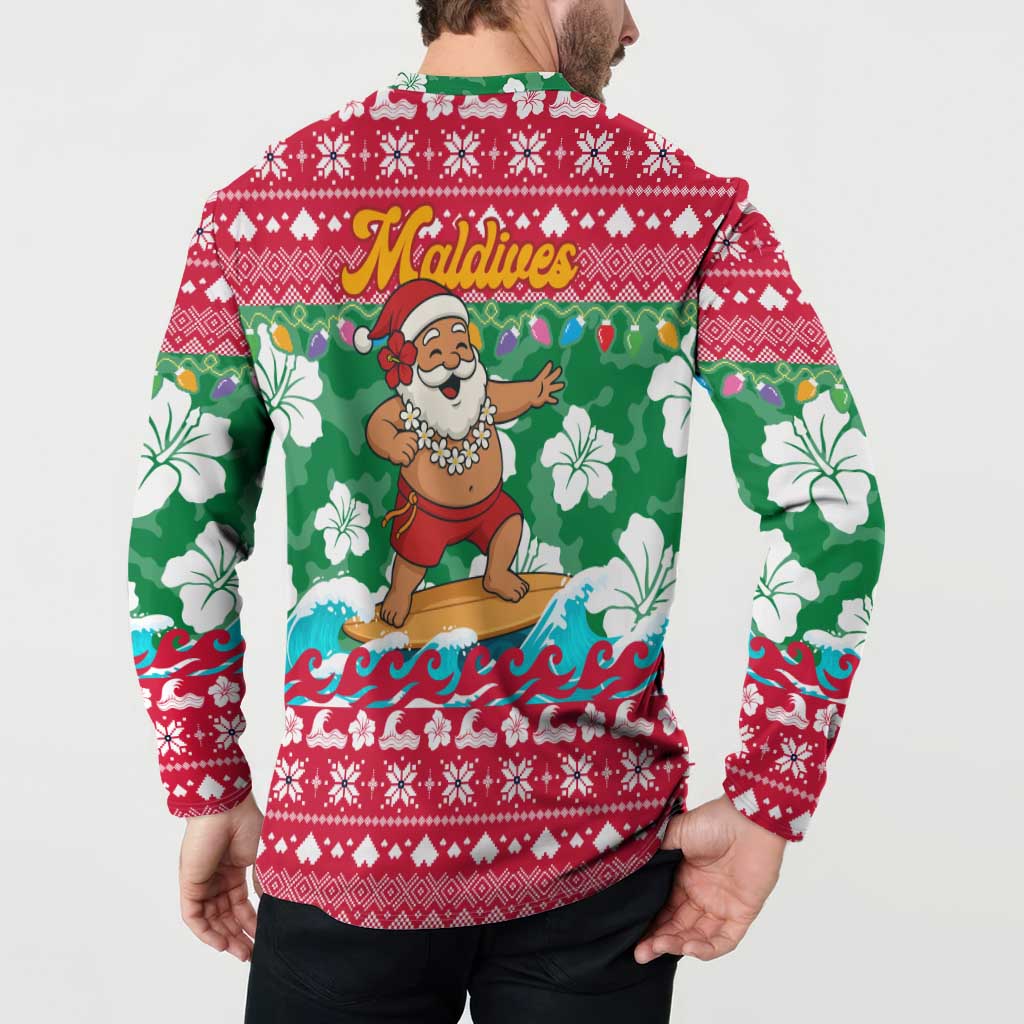 Maldives Christmas Button Sweatshirt with Surfing Santa Claus Tropical Flowers and Holiday Wave - Wonder Print Shop