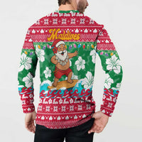 Maldives Christmas Button Sweatshirt with Surfing Santa Claus Tropical Flowers and Holiday Wave - Wonder Print Shop