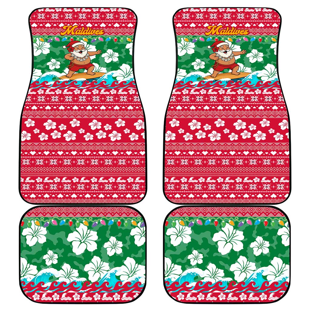 Maldives Christmas Car Mats with Surfing Santa Claus Tropical Flowers and Holiday Wave - Wonder Print Shop