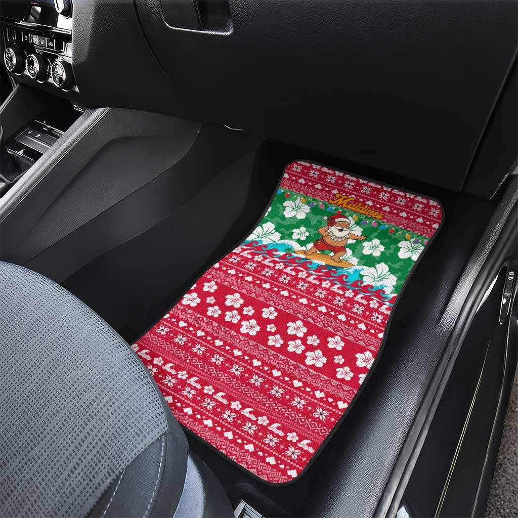 Maldives Christmas Car Mats with Surfing Santa Claus Tropical Flowers and Holiday Wave - Wonder Print Shop