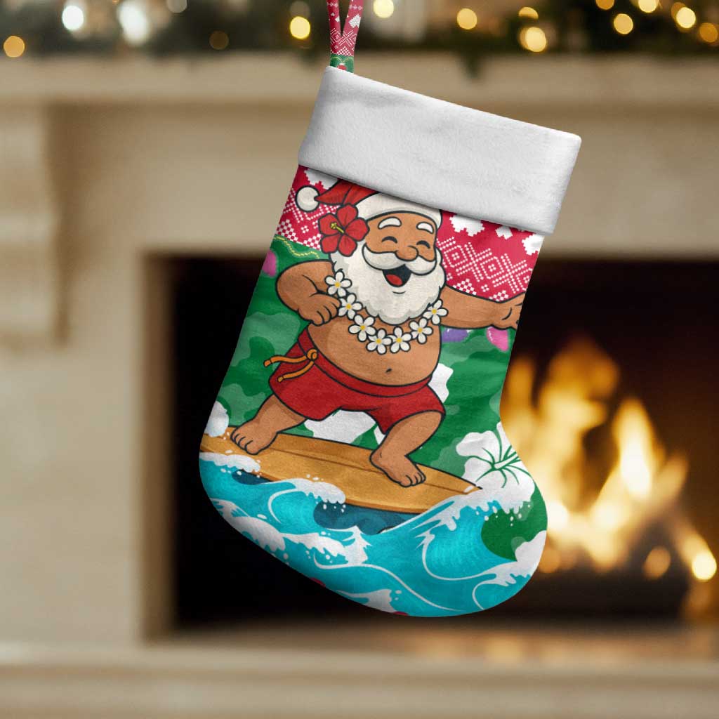Maldives Christmas Stocking with Surfing Santa Claus Tropical Flowers and Holiday Wave - Wonder Print Shop