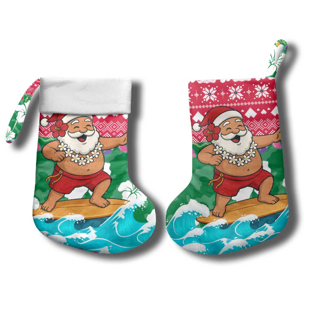 Maldives Christmas Stocking with Surfing Santa Claus Tropical Flowers and Holiday Wave - Wonder Print Shop
