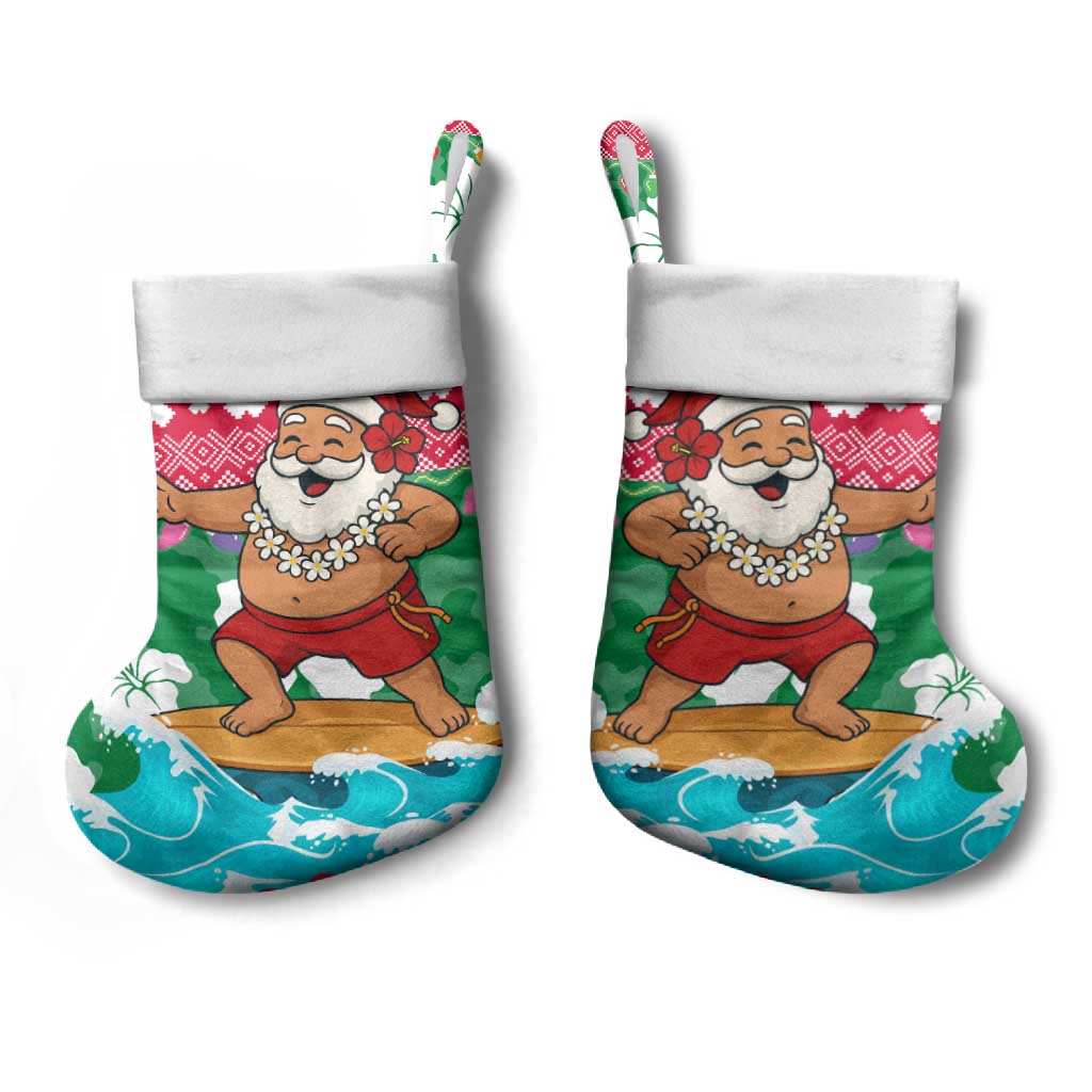 Maldives Christmas Stocking with Surfing Santa Claus Tropical Flowers and Holiday Wave - Wonder Print Shop