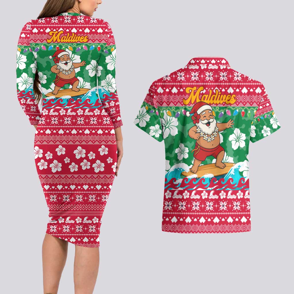 Maldives Christmas Couples Matching Long Sleeve Bodycon Dress and Hawaiian Shirt with Surfing Santa Claus Tropical Flowers and Holiday Wave - Wonder Print Shop