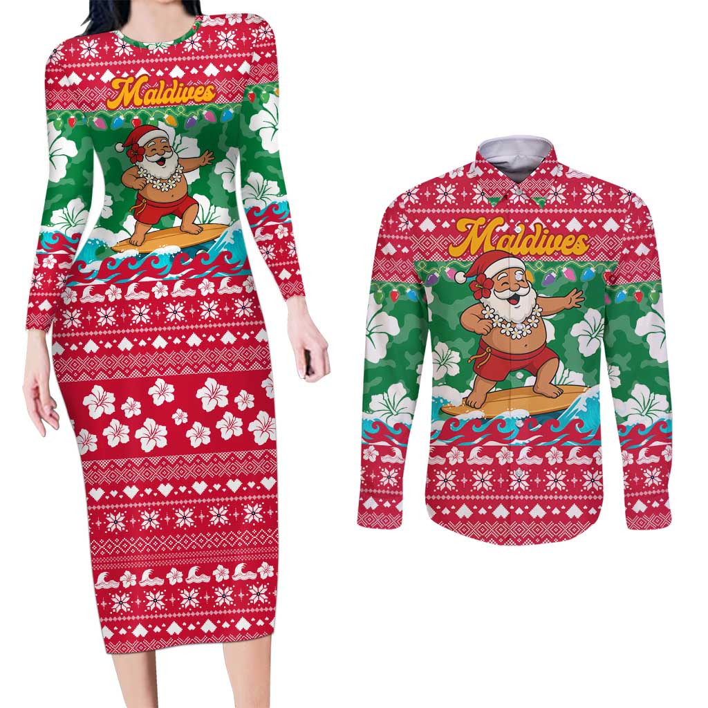 Maldives Christmas Couples Matching Long Sleeve Bodycon Dress and Long Sleeve Button Shirt with Surfing Santa Claus Tropical Flowers and Holiday Wave - Wonder Print Shop