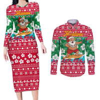 Maldives Christmas Couples Matching Long Sleeve Bodycon Dress and Long Sleeve Button Shirt with Surfing Santa Claus Tropical Flowers and Holiday Wave - Wonder Print Shop
