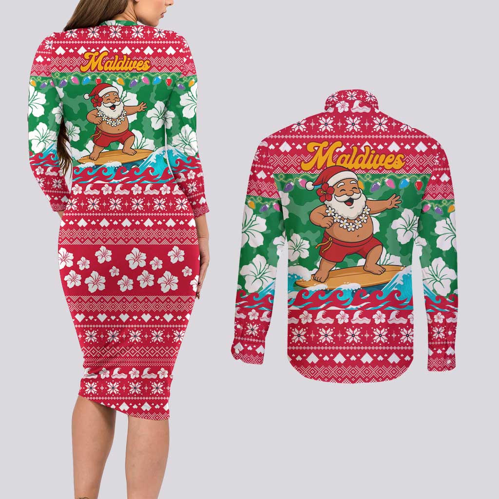 Maldives Christmas Couples Matching Long Sleeve Bodycon Dress and Long Sleeve Button Shirt with Surfing Santa Claus Tropical Flowers and Holiday Wave - Wonder Print Shop