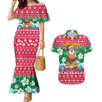 Maldives Christmas Couples Matching Mermaid Dress and Hawaiian Shirt with Surfing Santa Claus Tropical Flowers and Holiday Wave - Wonder Print Shop