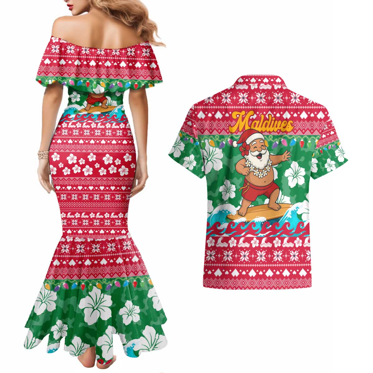 Maldives Christmas Couples Matching Mermaid Dress and Hawaiian Shirt with Surfing Santa Claus Tropical Flowers and Holiday Wave - Wonder Print Shop