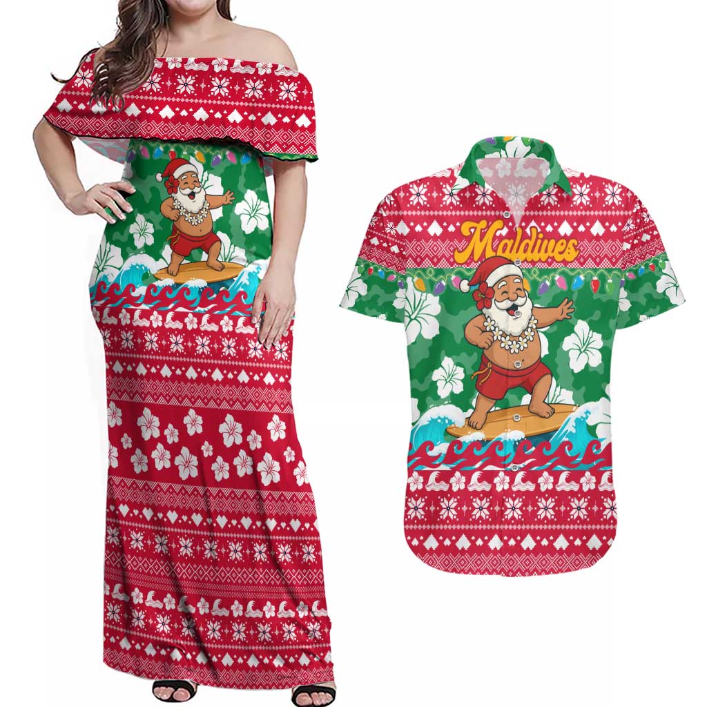 Maldives Christmas Couples Matching Off Shoulder Maxi Dress and Hawaiian Shirt with Surfing Santa Claus Tropical Flowers and Holiday Wave - Wonder Print Shop