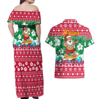 Maldives Christmas Couples Matching Off Shoulder Maxi Dress and Hawaiian Shirt with Surfing Santa Claus Tropical Flowers and Holiday Wave - Wonder Print Shop