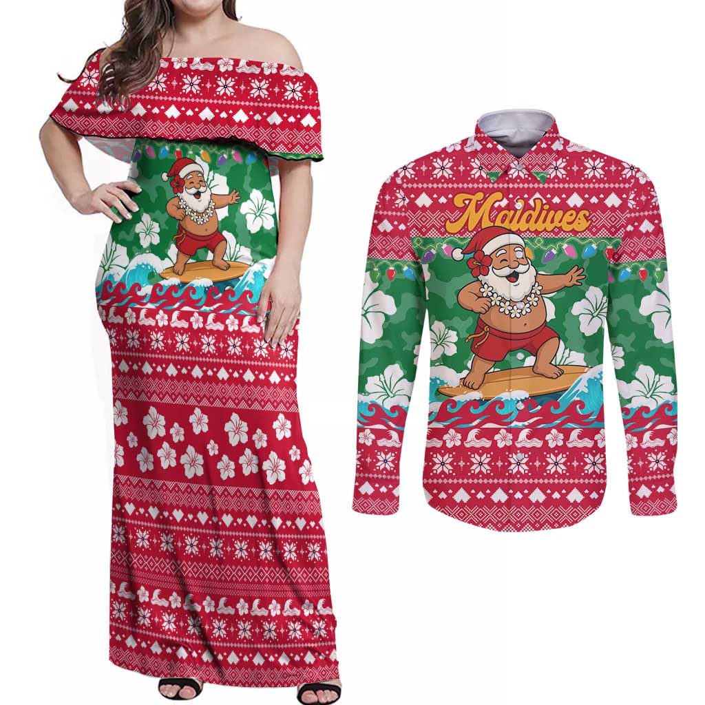 Maldives Christmas Couples Matching Off Shoulder Maxi Dress and Long Sleeve Button Shirt with Surfing Santa Claus Tropical Flowers and Holiday Wave - Wonder Print Shop
