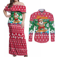 Maldives Christmas Couples Matching Off Shoulder Maxi Dress and Long Sleeve Button Shirt with Surfing Santa Claus Tropical Flowers and Holiday Wave - Wonder Print Shop