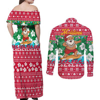 Maldives Christmas Couples Matching Off Shoulder Maxi Dress and Long Sleeve Button Shirt with Surfing Santa Claus Tropical Flowers and Holiday Wave - Wonder Print Shop