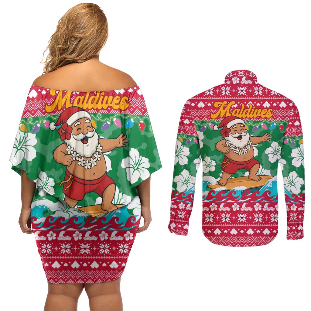 Maldives Christmas Couples Matching Off Shoulder Short Dress and Long Sleeve Button Shirt with Surfing Santa Claus Tropical Flowers and Holiday Wave - Wonder Print Shop