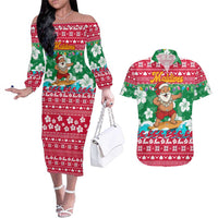 Maldives Christmas Couples Matching Off The Shoulder Long Sleeve Dress and Hawaiian Shirt with Surfing Santa Claus Tropical Flowers and Holiday Wave - Wonder Print Shop