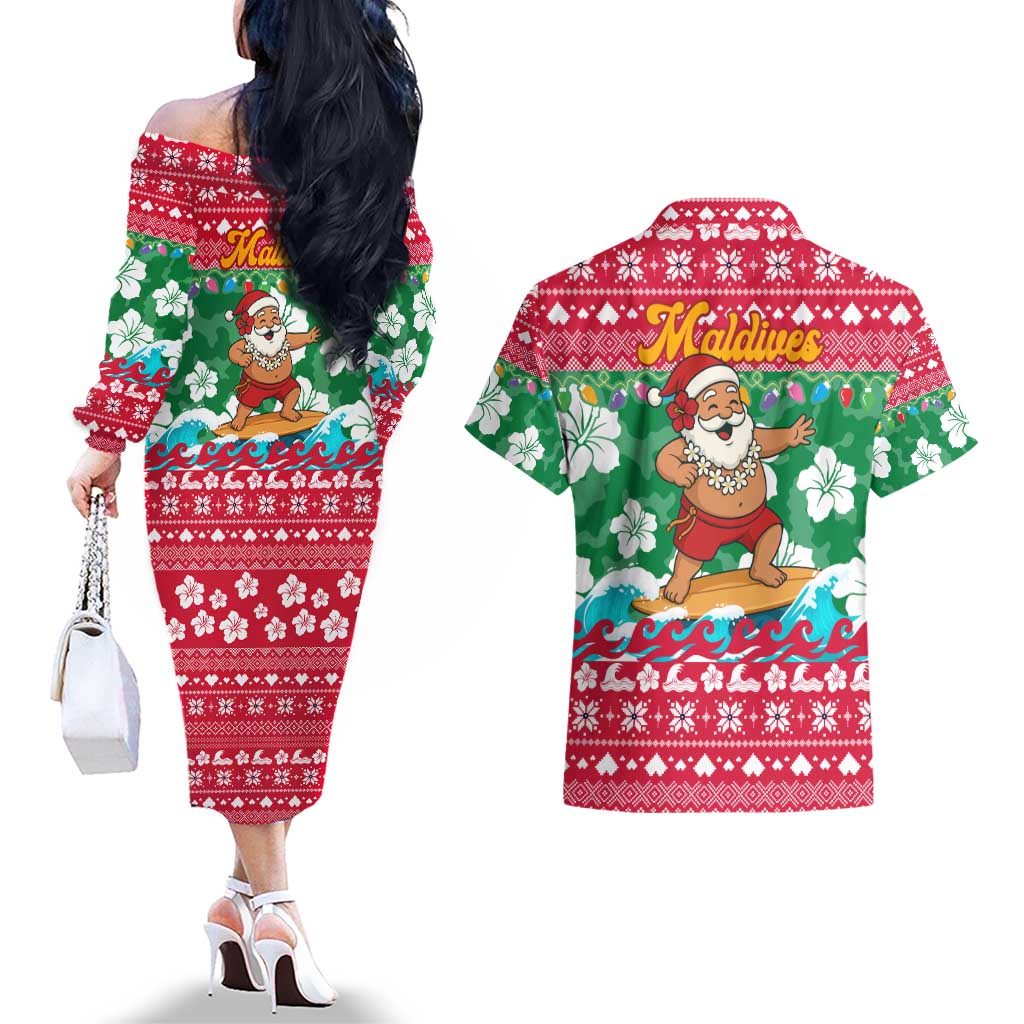 Maldives Christmas Couples Matching Off The Shoulder Long Sleeve Dress and Hawaiian Shirt with Surfing Santa Claus Tropical Flowers and Holiday Wave - Wonder Print Shop