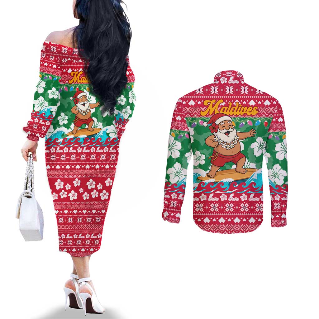 Maldives Christmas Couples Matching Off The Shoulder Long Sleeve Dress and Long Sleeve Button Shirt with Surfing Santa Claus Tropical Flowers and Holiday Wave - Wonder Print Shop