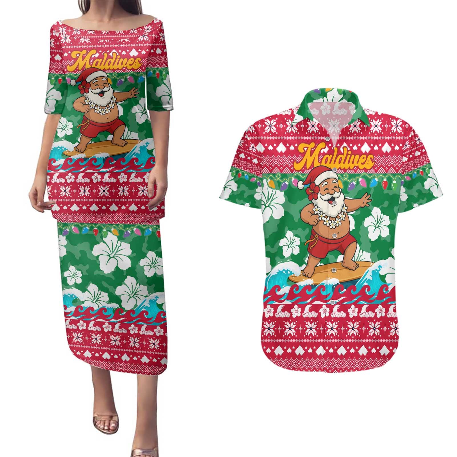 Maldives Christmas Couples Matching Puletasi and Hawaiian Shirt with Surfing Santa Claus Tropical Flowers and Holiday Wave - Wonder Print Shop