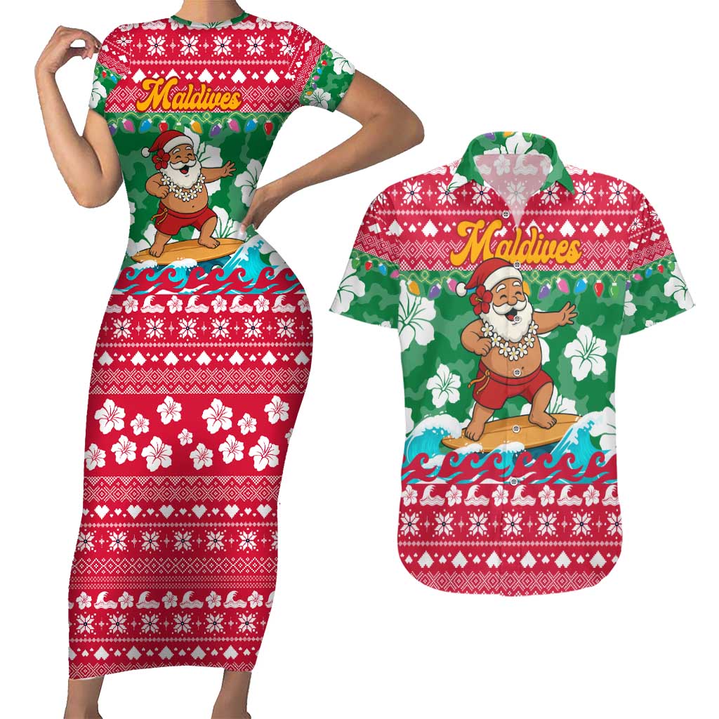 Maldives Christmas Couples Matching Short Sleeve Bodycon Dress and Hawaiian Shirt with Surfing Santa Claus Tropical Flowers and Holiday Wave - Wonder Print Shop
