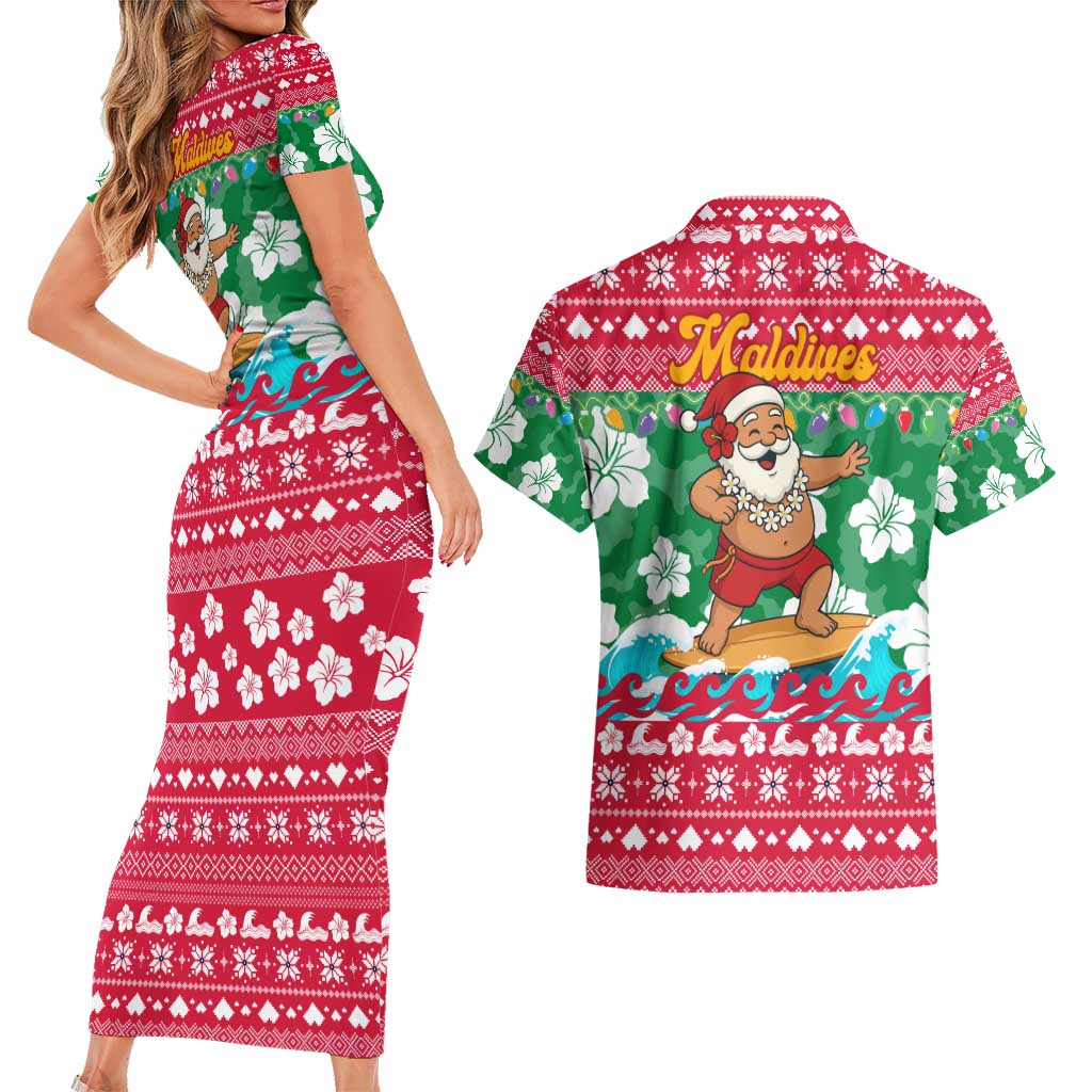 Maldives Christmas Couples Matching Short Sleeve Bodycon Dress and Hawaiian Shirt with Surfing Santa Claus Tropical Flowers and Holiday Wave - Wonder Print Shop