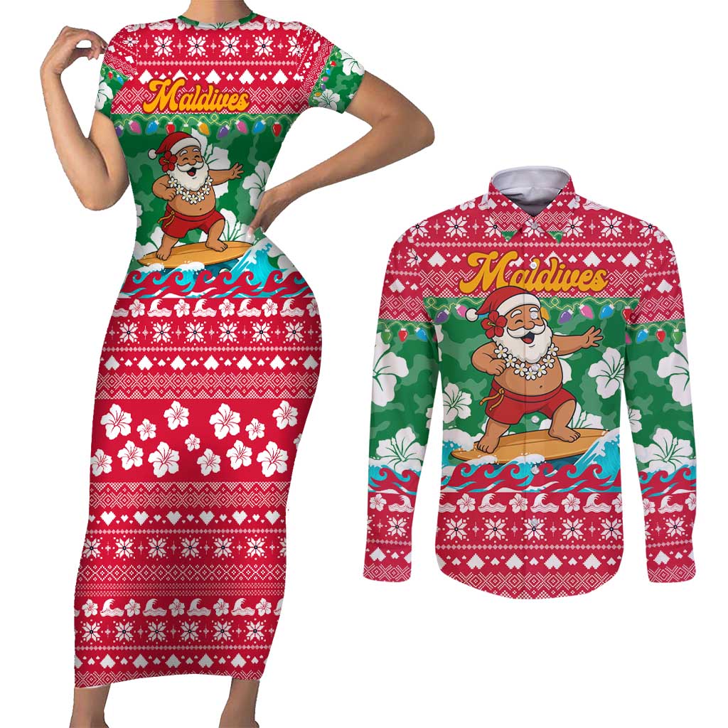 Maldives Christmas Couples Matching Short Sleeve Bodycon Dress and Long Sleeve Button Shirt with Surfing Santa Claus Tropical Flowers and Holiday Wave - Wonder Print Shop