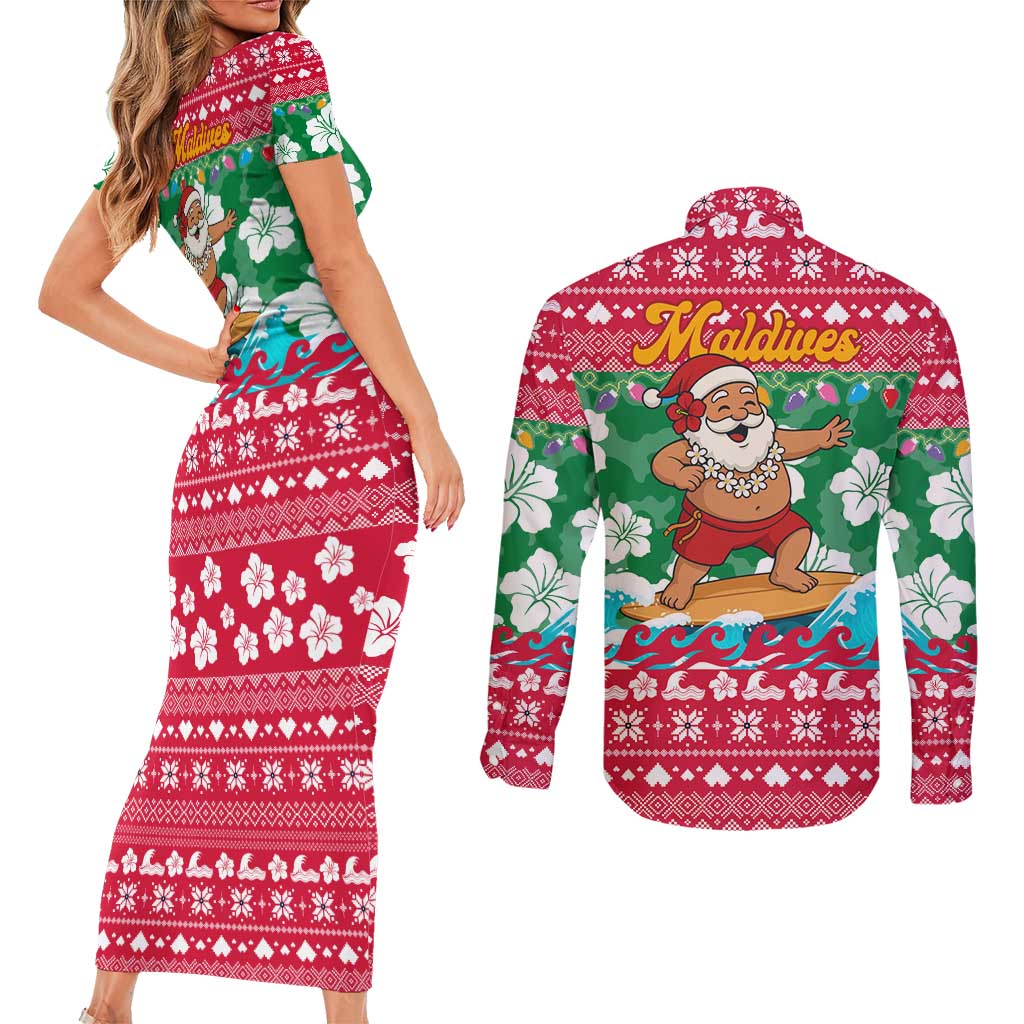 Maldives Christmas Couples Matching Short Sleeve Bodycon Dress and Long Sleeve Button Shirt with Surfing Santa Claus Tropical Flowers and Holiday Wave - Wonder Print Shop