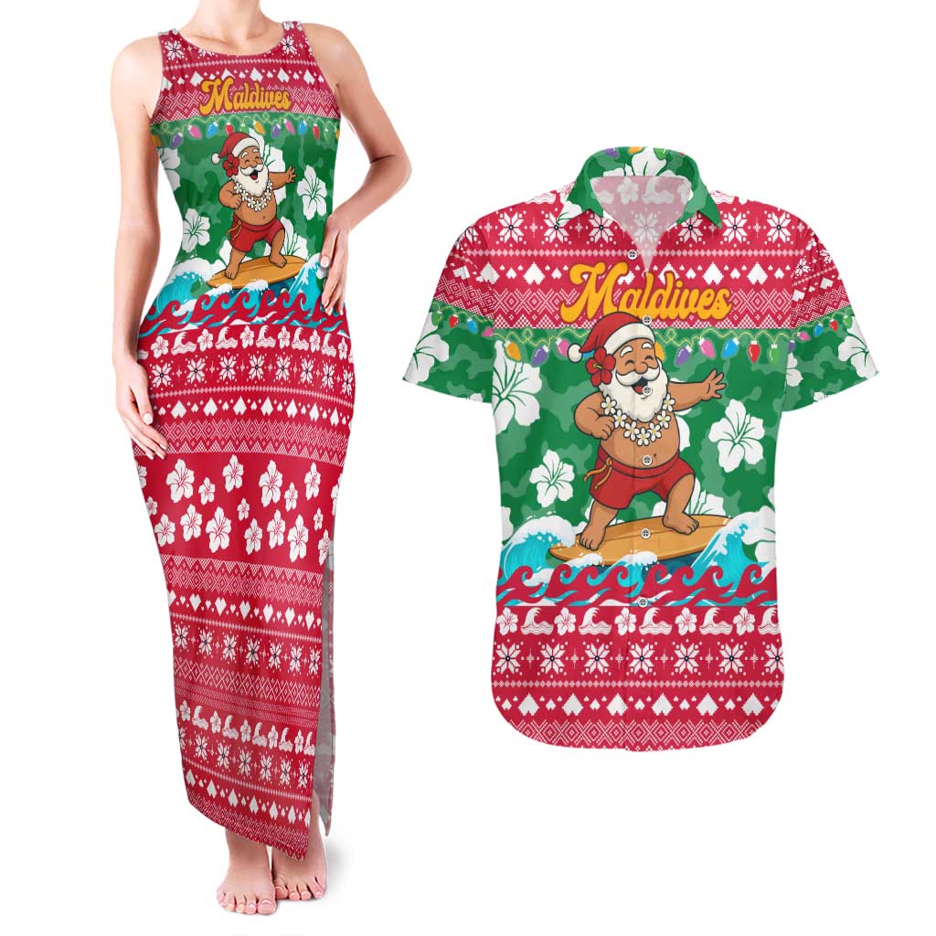 Maldives Christmas Couples Matching Tank Maxi Dress and Hawaiian Shirt with Surfing Santa Claus Tropical Flowers and Holiday Wave - Wonder Print Shop