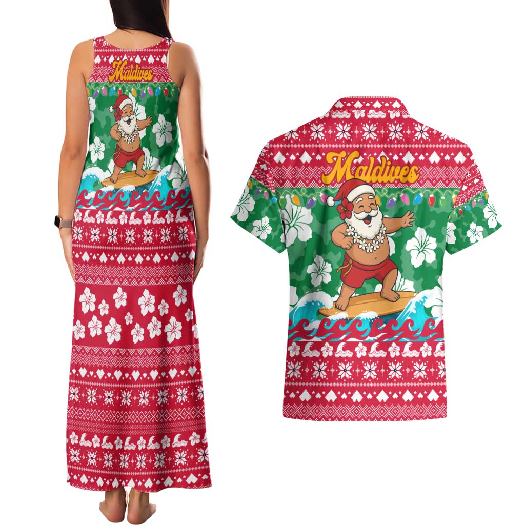 Maldives Christmas Couples Matching Tank Maxi Dress and Hawaiian Shirt with Surfing Santa Claus Tropical Flowers and Holiday Wave - Wonder Print Shop