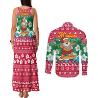 Maldives Christmas Couples Matching Tank Maxi Dress and Long Sleeve Button Shirt with Surfing Santa Claus Tropical Flowers and Holiday Wave - Wonder Print Shop