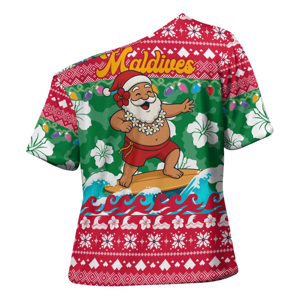 Maldives Christmas Cross Shoulder Shirt with Surfing Santa Claus Tropical Flowers and Holiday Wave - Wonder Print Shop