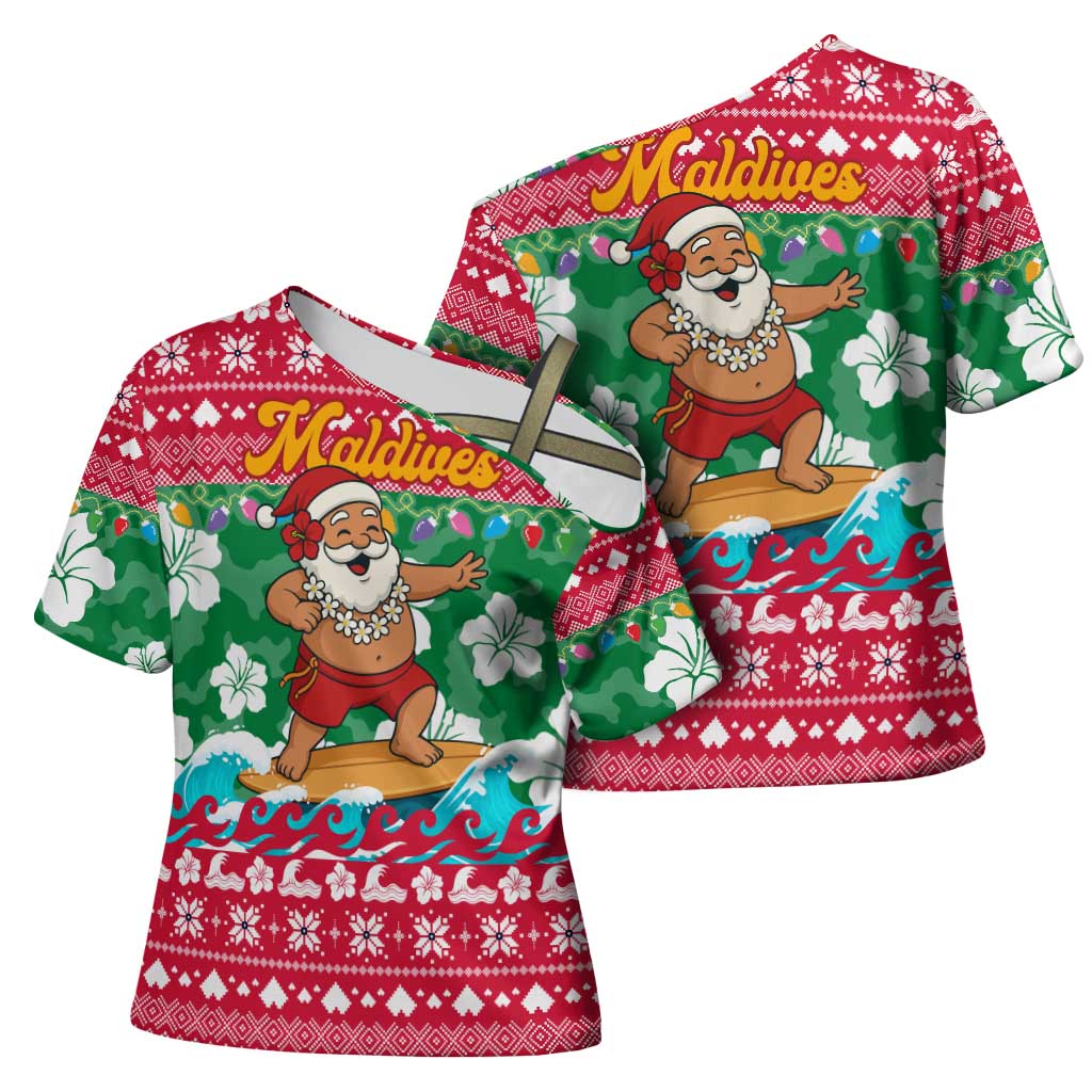 Maldives Christmas Cross Shoulder Shirt with Surfing Santa Claus Tropical Flowers and Holiday Wave - Wonder Print Shop