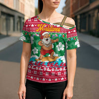 Maldives Christmas Cross Shoulder Shirt with Surfing Santa Claus Tropical Flowers and Holiday Wave - Wonder Print Shop