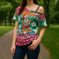 Maldives Christmas Cross Shoulder Shirt with Surfing Santa Claus Tropical Flowers and Holiday Wave - Wonder Print Shop