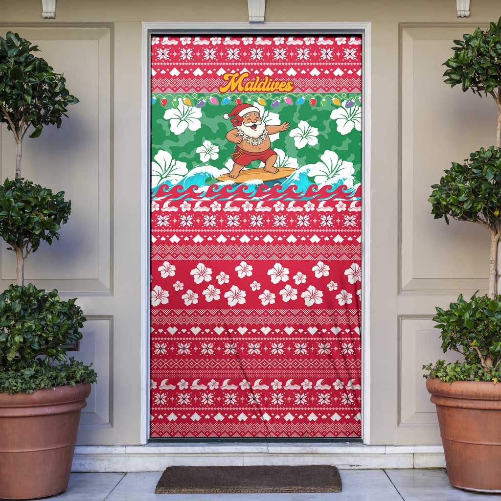 Maldives Christmas Door Cover with Surfing Santa Claus Tropical Flowers and Holiday Wave - Wonder Print Shop