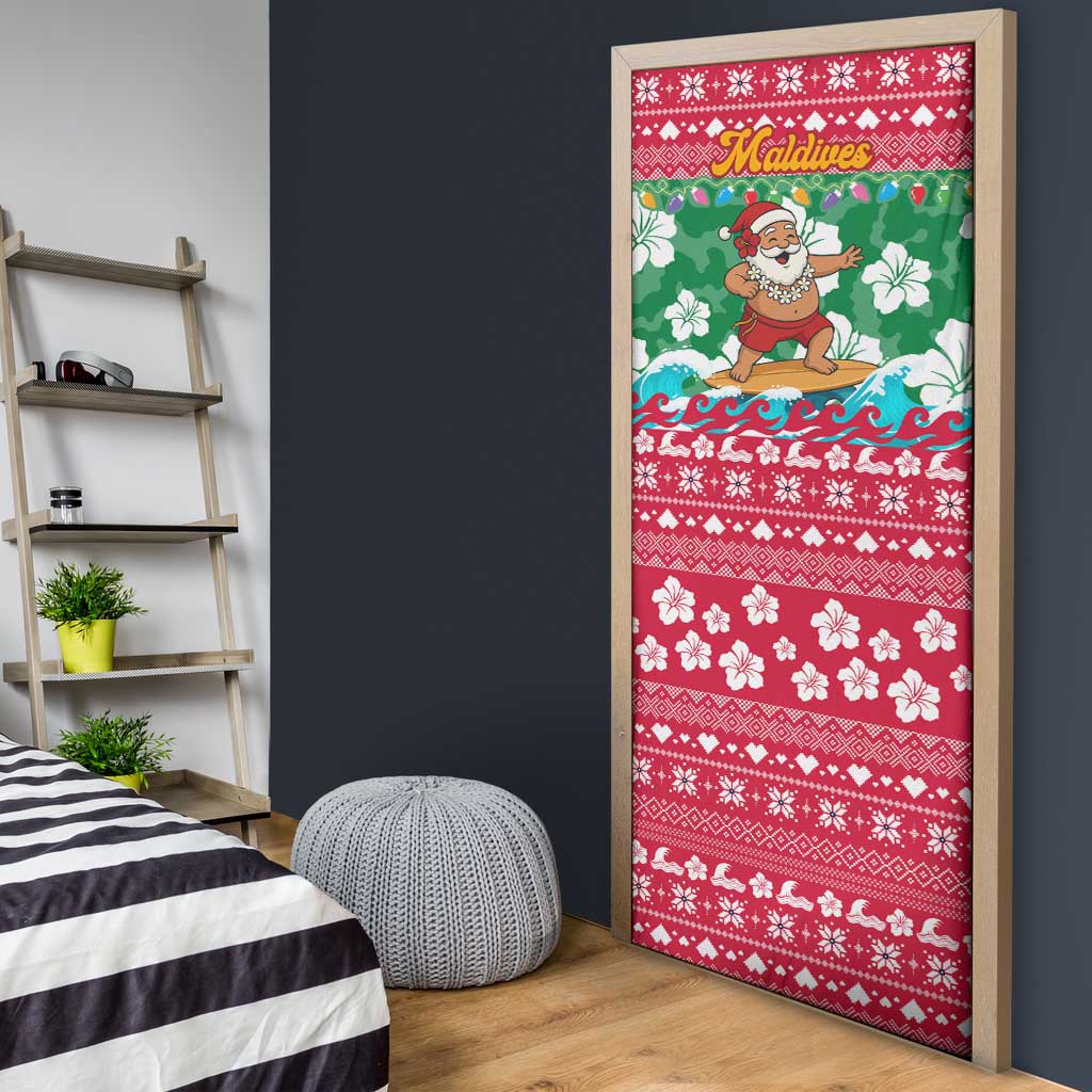 Maldives Christmas Door Cover with Surfing Santa Claus Tropical Flowers and Holiday Wave - Wonder Print Shop