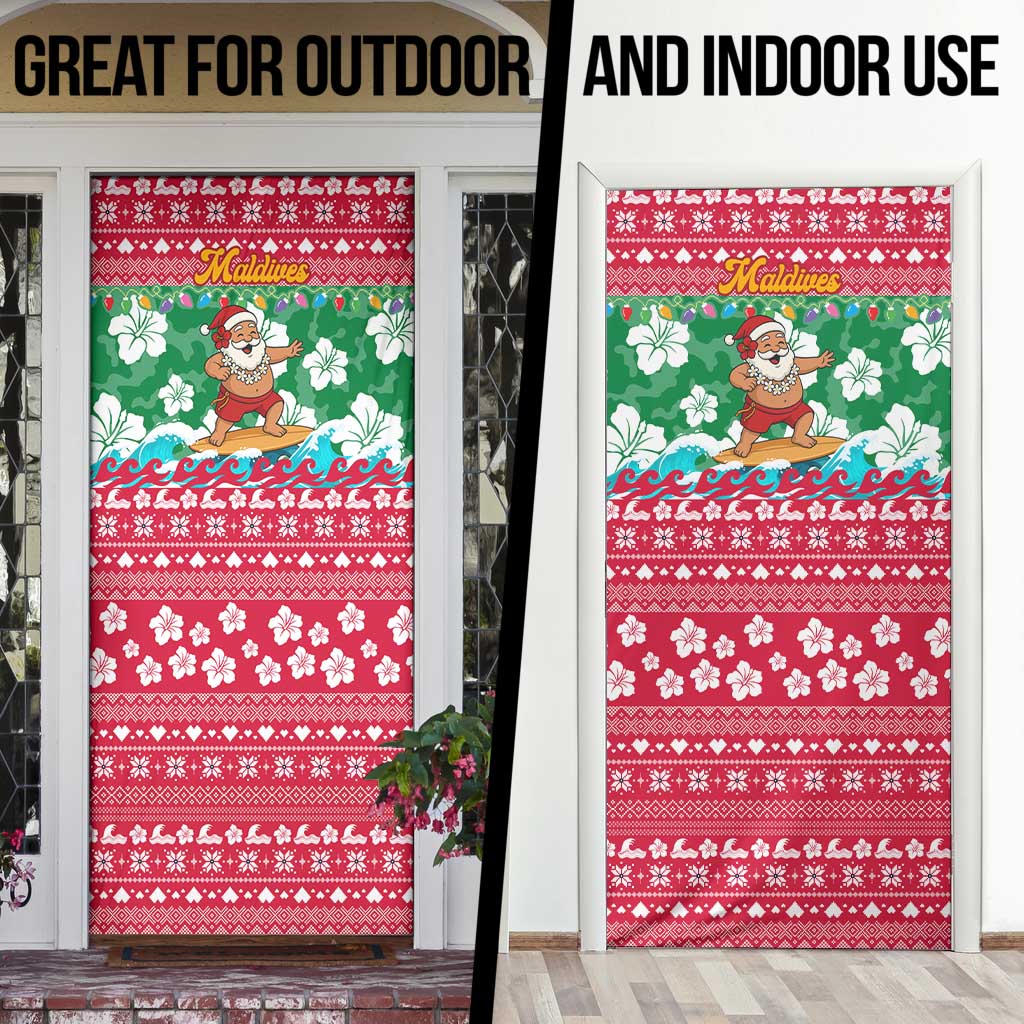 Maldives Christmas Door Cover with Surfing Santa Claus Tropical Flowers and Holiday Wave - Wonder Print Shop